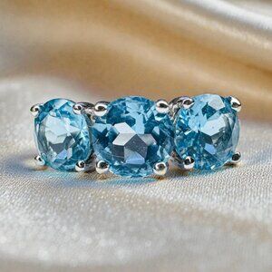 VINTAGE- 10K White Gold Swiss Blue Topaz Diamond Ring -Sz 4- Past Present Future